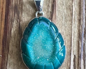 Green Aura Drusy Sterling Silver Pendant, Sparkly Gem, Natural Gemstone Jewelry