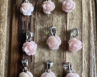 Carved Pink Opal Rose Sterling Silver Pendant, YOUR CHOICE