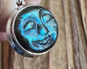 Carved Labradorite Goddess Face Pendant, Blue Teal Flash Gem, Natural Gemstone Jewelry