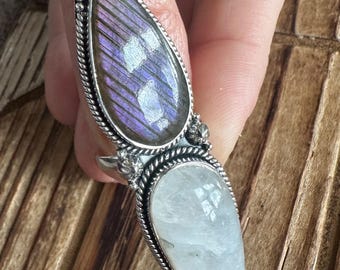 Purple Labradorite & Rainbow Moonstone Sterling Silver Statement Ring, Sz 7, Incredible Flashy Gems, Natural Gemstone Jewelry, Bold, Artisan