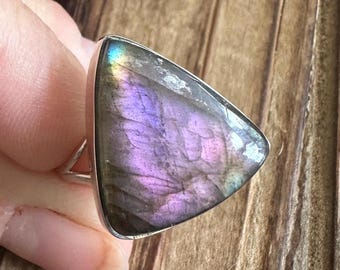 Labradorite Sterling Silver Ring, Size 10, Purple Blue Flash Gem, Natural Gemstone Jewelry