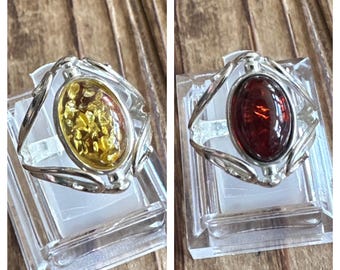 Baltic Amber REVERSIBLE Sterling Silver Ring, Size 7, Cherry & Yellow Honey Amber, Natural Gemstone Jewelry, Artisan, Gift, Poland
