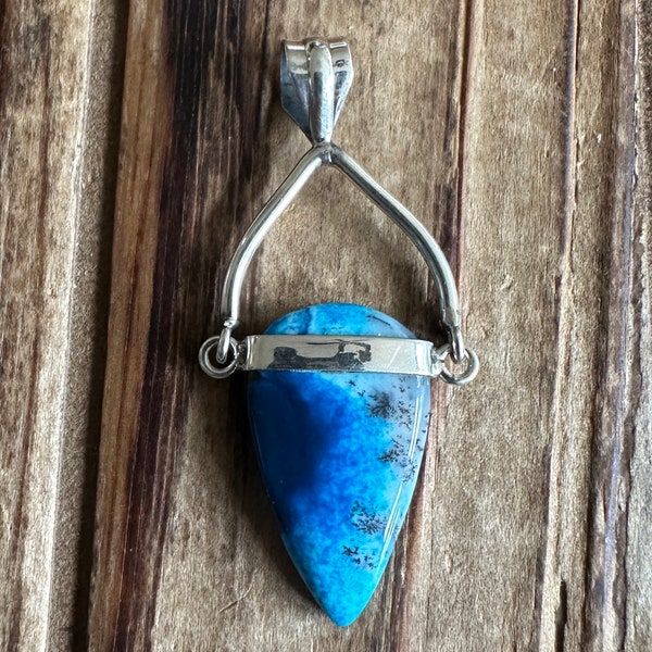 Marine Blue Dendritic Opal Sterling Silver Pendant, Teardrop Gem, Black White Blue Gemstone, Natural Stone Jewelry