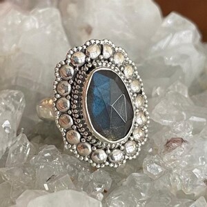 Faceted Blue Labradorite Sterling Silver Ring, Size 9, Madagascar Gem, Statement Gemstone, Blue Flash