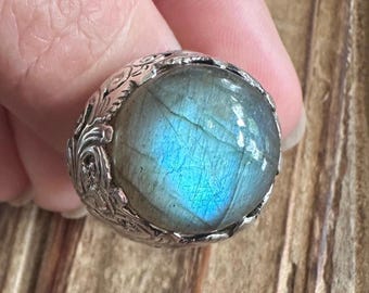 Labradorite Statement OOAK Sterling Silver Ring, Size 9, Blue Flash Gem, Natural Gemstone Jewelry