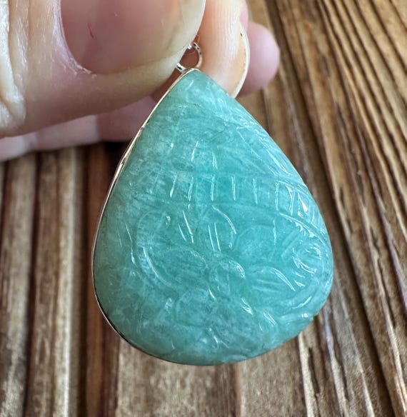 Carved Marketplaceite Sterling Silver Pendant, Floral Flower Design, Natural Gemstone Jewelry, Handmade Artisan