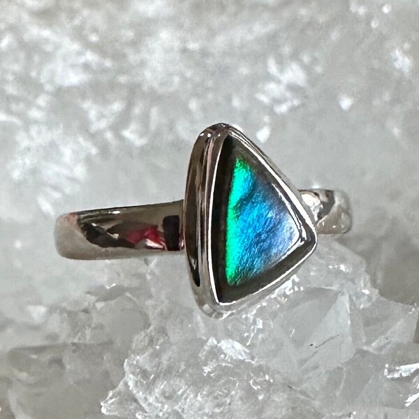 Ammolite Sterling Silver Ring, Size 6, Canadian Gem, Blue Green Petite Gemstone, Rare Colors, Natural Stone Jewelry