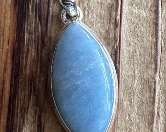 Angelite Sterling Silver Pendant, Peruvian Gem, Marquise Solitaire Gemstone, Natural Stone Jewelry, Angel Peace Stone