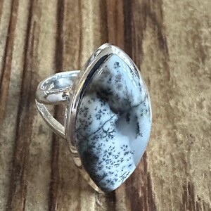 May include: A silver ring featuring a large, oval-shaped stone with a dendritic pattern. The stone has a base color of white with black and gray inclusions, creating a unique, natural design. The ring's band is a simple, polished silver.