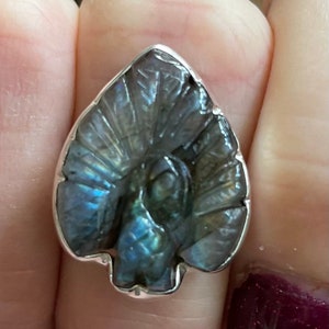 Labradorite Hand Carved Peacock Sterling Silver Ring, Size 9, Blue Teal Flash Yellow Gold Gem, Natural Gemstone Jewelry