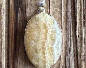 Yellow Lace Agate Sterling Silver Statement Pendant, Large Oval Gem, Natural Gemstone Jewelry