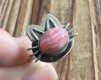 Rhodochrosite Sterling Silver Kitty Ring, Size 8.25, Argentina Gem, Natural Gemstone Jewelry, Cat Pet Jewelry