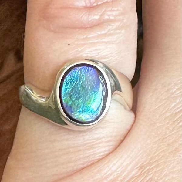 Ammolite Sterling Silver Ring, Size 5.5, Canadian Gem, Blue Green Oval Gemstone, Rare Colors, Natural Stone Jewelry