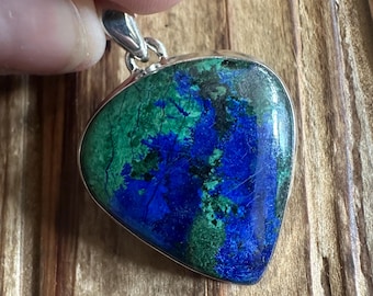 Azurite in Malachite Sterling Silver Pendant, Natural Gemstone Jewelry