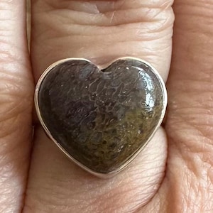 Fossilized Dino Bone Sterling Silver Ring, Size 7,  Red Brown Dinosaur Bone, Heart Gemstone, Agatized Gem, Natural Stone Jewelry