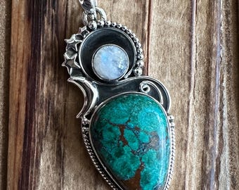 Pendentif en argent sterling chrysocolle africaine et pierre de lune arc-en-ciel, étoile en croissant de lune, bijoux en pierres précieuses naturelles, pièce artisanale faite main