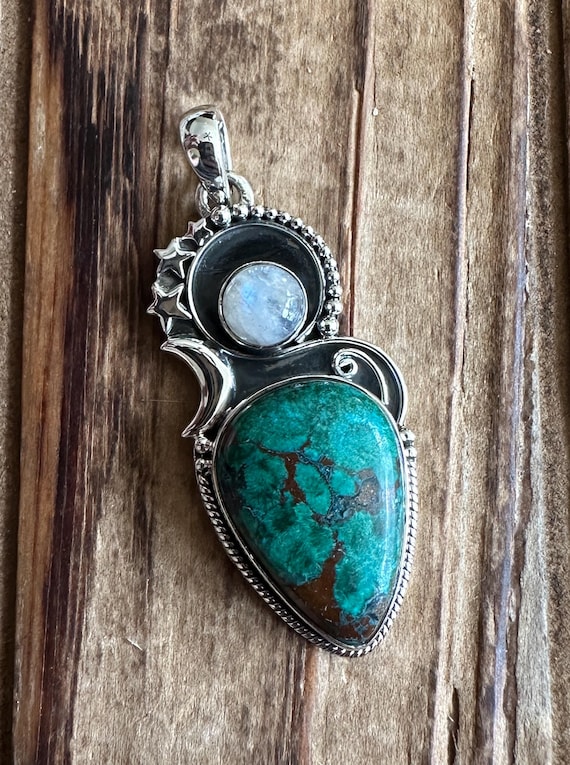 African Chrysocolla & Rainbow Moonstone Sterling Silver Pendant, Crescent Moon Star Design, Natural Gemstone Jewelry, Handmade Artisan Piece
