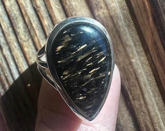Rare Nuummite Sterling Silver Ring, Size 8, Greenland Gem, Marquise Gemstone, Colorful Flash, Natural Stone Jewelry, Artisan Handmade