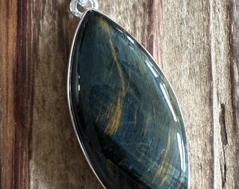 Hawk’s Eye Sterling Silver Pendant, Blue Gold Tigers Eye Gem, Statement Gemstone, Natural Stone Jewelry