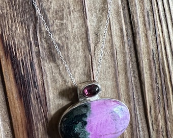 Cobalto Calcite & Pink Tourmaline Sterling Silver Pendant, Natural Gemstone Jewelry