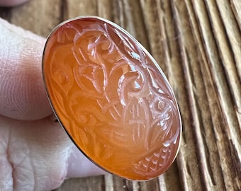 Carved Carnelian Sterling Silver Ring, Size 8, Hand Carved Oval Gem, Flower Floral Design, Natural Gemstone Jewelry, Handmade Artisan Piece
