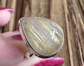 Golden Rutilated Quartz Ring, Size 7.25, Gold Rutile Gem, Teardrop Pear Solitaire, Natural Gemstone Jewelry