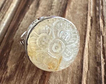 Carved Gold Rutilated Quartz Sterling Silver Ring, Size 8, Hand Carving, Golden Rutile Oval Gem, Natural Gemstone Jewelry, Artisan Handmade
