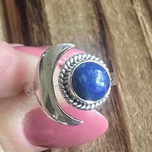 Lapis Lazuli Sterling Silver Ring, Size 7.5, Blue Gems, Crescent Moon Phase Design, Natural Stone Jewelry, Artisan Ring, Artisan Jewelry
