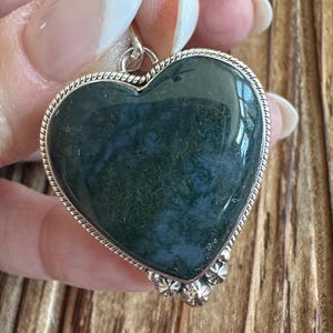 Moss Agate Sterling Silver Heart Pendant, Natural Gemstone Jewelry, Handmade Artisan Piece, Deep Forest Teal Mossy Green, Artisan, Gift