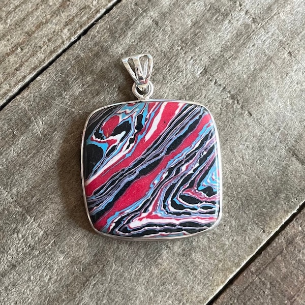 Fordite Sterling Silver Pendant, Detroit Gem, Blue Black Red White Gemstone, Statement Piece, Natural Stone Jewelry