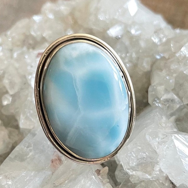 Larimar *Top Quality* Sterling Silver Ring, Size 9, Turtleback pattern, Domican Republic