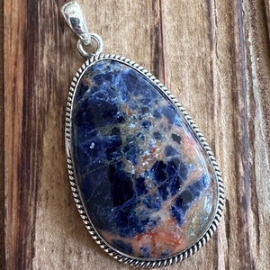 Sodalite Sterling Silver Pendant, Blue Orange Gem, Brazilian Stone, Natural Gemstone Jewelry image 2