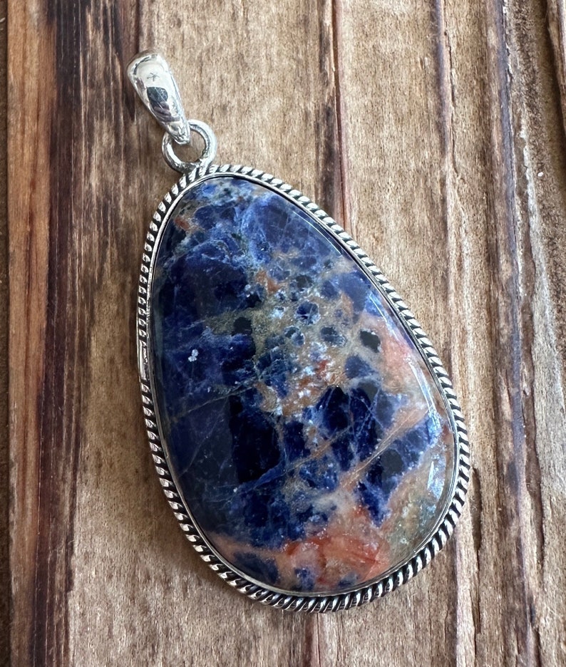 Sodalite Sterling Silver Pendant, Blue Orange Gem, Brazilian Stone, Natural Gemstone Jewelry image 2