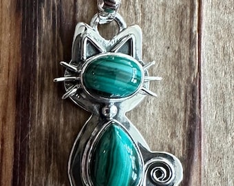 Malachite Sterling Silver Kitty Pendant, Banded DROC Gem, Kitten Cat Feline Pet Design, Natural Gemstone Jewelry, Artisan, Gift