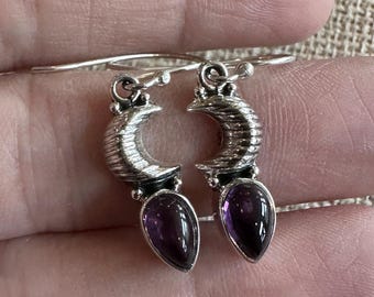 Amethyst Sterling Silver Earrings, Crescent Moon Design, Purple Gems, Pear Teardrop Gemstone, Natural Stone Jewelry, Artisan