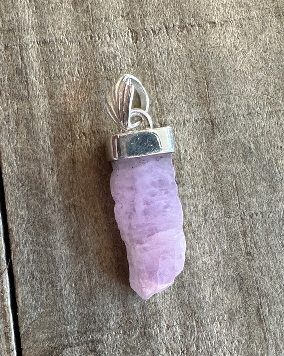 Kunzite Sterling Silver Pendant, Raw Rough Gem, Pink Gemstone, Natural Stone Jewelry