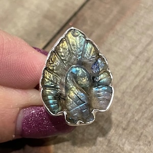 Labradorite Hand Carved Peacock Sterling Silver Ring, Size 8.5, Blue Teal Flash Yellow Gold Gem, Natural Gemstone Jewelry