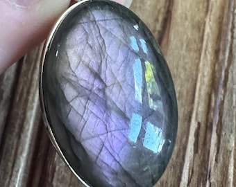 Labradorite Sterling Silver Statement Pendant, Purple Pink Orange Oval Gem, Natural Gemstone Jewelry