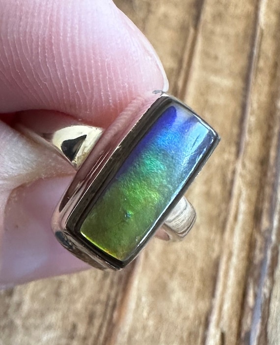 Ammolite Sterling Silver Ring, Size 5.75, Canadian Gem, Yellow Green Blue Gemstone, Rare Colors, Natural Stone Jewelry
