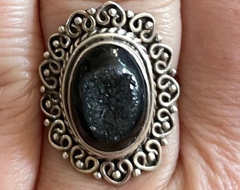 Sparkly Black Drusy Sterling Silver Ring, Size 7.5