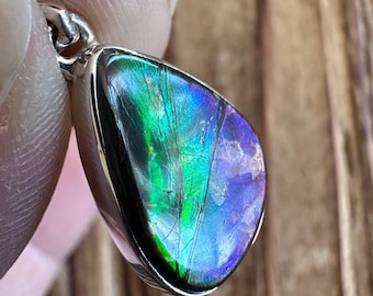 Ammolite Sterling Silver Pendant, Blue Purple Green Gemstone, Rare Fossil Gem, Natural Stone Jewelry