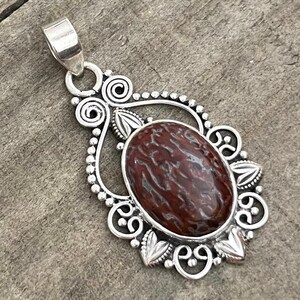 Fossilized Dino Bone Sterling Silver Pendant, Fossil Gem, Red Gray Dinosaur Gemstone, Heart Design