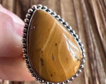 Caramel Jasper Sterling Silver Ring, Size. 7, Teardrop Pear Gem, Tan Swirl Gemstone, Natural Stone Jewelry