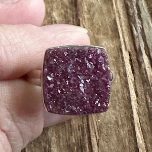 Cobalto Calcite Sterling Silver Ring, Size 8.25, Cobalt Drusy Gem, Dark Pink Gemstone, Natural Stone Jewelry