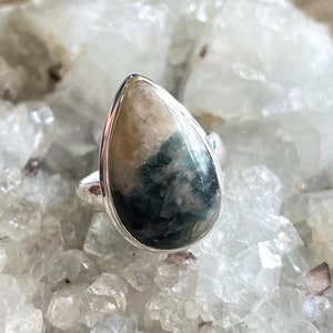 Indigo Tourmaline in Smoky Quartz Sterling Silver Ring, Size 7, Pear Teardrop Gem, Indicolite Gemstone, Natural Stone Jewelry