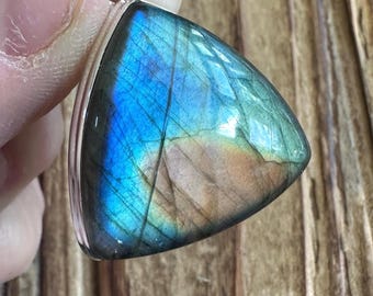 Labradorite Sterling Silver Pendant, Blue Teal Orange Yellow Flash Gem, Colorful Gemstone, Natural Stone Jewelry