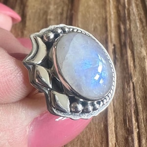 Rainbow Moonstone Sterling Silver Ring, Size 7,  Blue Flash Oval Gem, Crescent Moon Design, Natural Gemstone Jewelry, Artisan, Gift