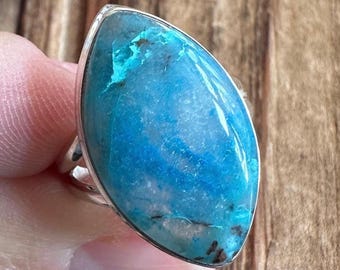 Quantum Quattro Sterling Silver Ring, Size 8, Rare Namibia Gem, Marquise Gemstone, Natural Stone Jewelry, Chrysocolla Malachite Dioptase