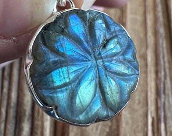 Carved Labradorite Sterling Silver Pendant, Hand Carved Floral Design, Natural Gemstone Jewelry