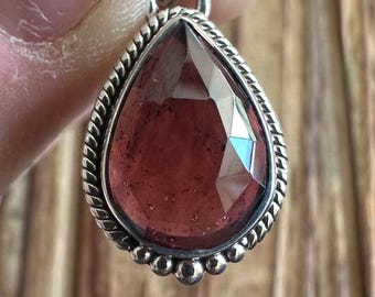 Faceted Pink Garnet Sterling Silver Petite Pendant, Teardrop Gem, Rhodolite Gemstone, Natural Stone Jewelry, Rare, Gemmy